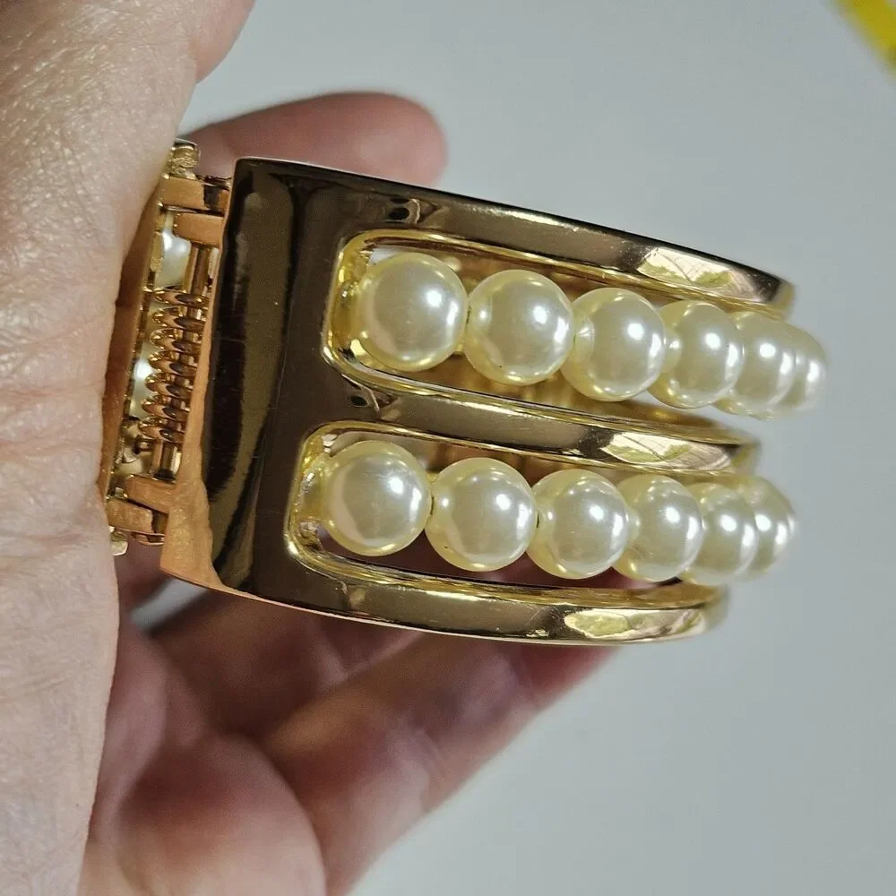 Gold Tone Cream Faux Pearl Double Layer Hinged Bangle Bracelet Approx 6.75